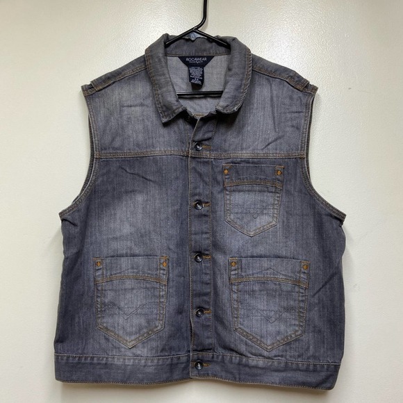 Rocawear Gray Charcoal Wash Denim Vest Mens Size 44 Chest Pockets Embroidered - Picture 1 of 6